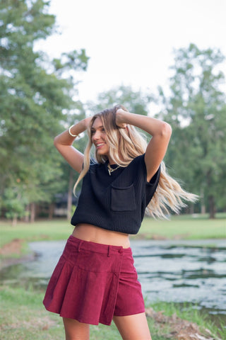 Burgundy Corduroy Pleated Mini Skort