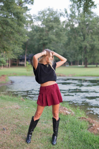 Burgundy Corduroy Pleated Mini Skort
