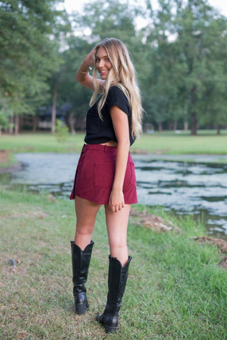 Burgundy Corduroy Pleated Mini Skort