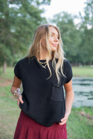 Black Mock Neck Short Sleeve Knit Top