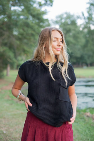 Black Mock Neck Short Sleeve Knit Top