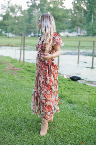 Rust Floral Puff Sleeve Midi Dress
