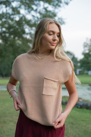 Camel Mock Neck Short Sleeve Knit Top