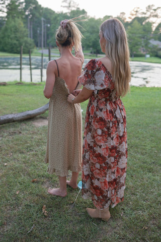 Rust Floral Puff Sleeve Midi Dress