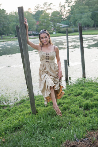 Taupe Bow Detail Floral Midi Dress