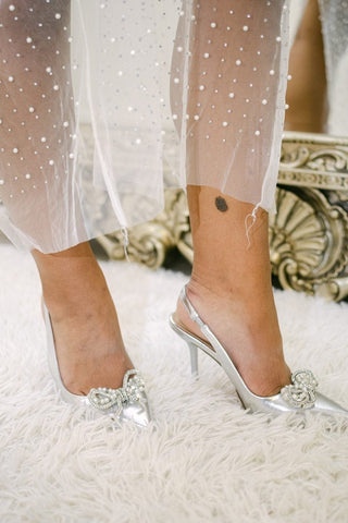 Silver Metallic Rhinestone Bow Heels | Select Trends Boutique