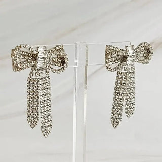 Silver Rhinestone Bow Drop Earrings - Select Trends Boutique