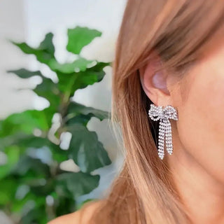 Silver Rhinestone Bow Drop Earrings - Select Trends Boutique