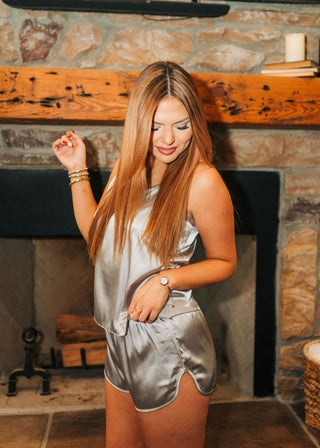 Silver Satin PJ Short Set | Select Trends Boutique