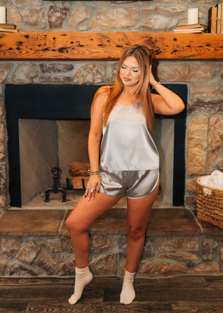 Silver Satin PJ Short Set | Select Trends Boutique