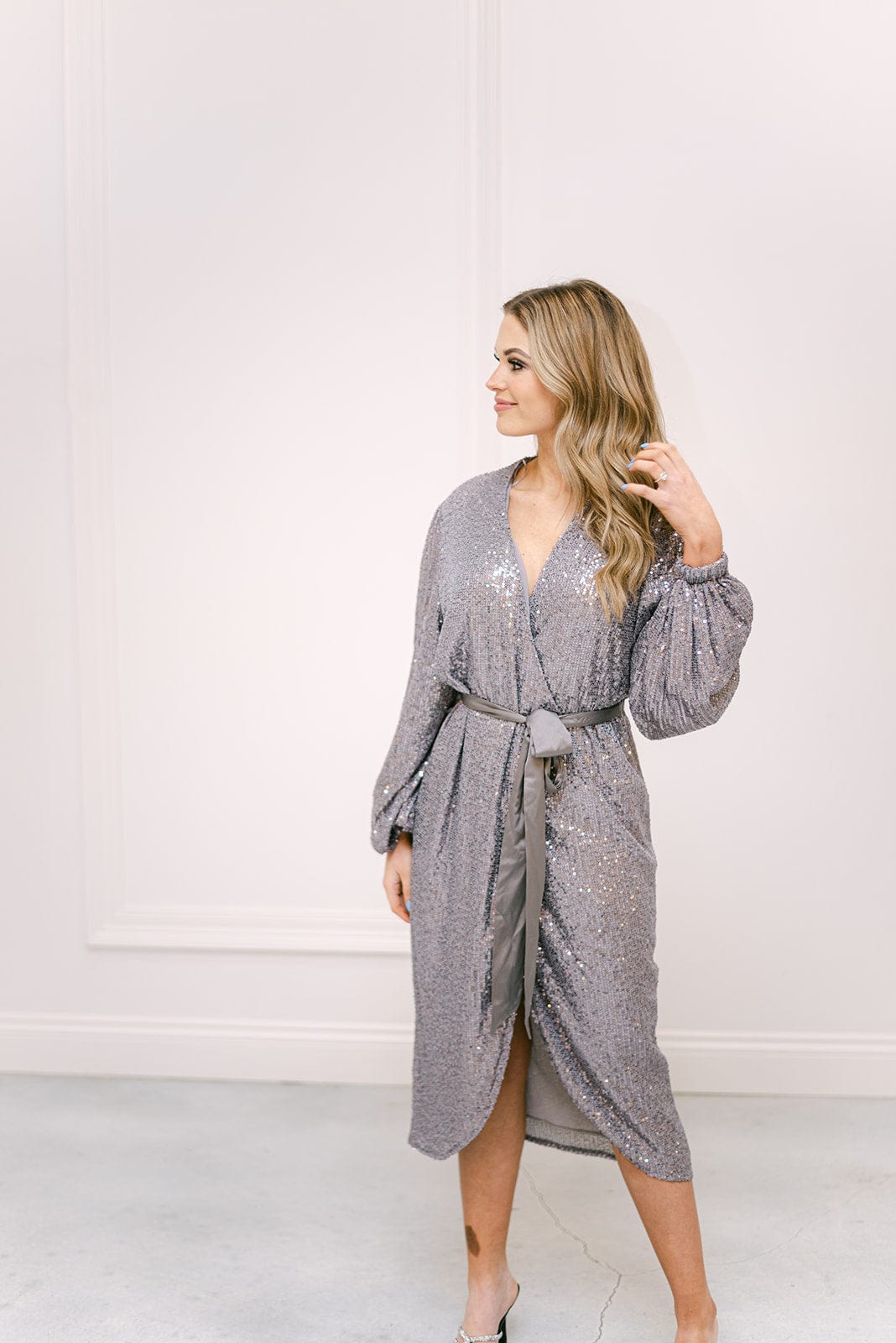 Silver Sequin Wrap Midi Dress | Select Trends Boutique