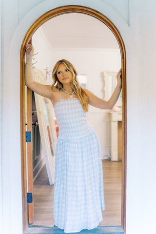 Sky Blue Gingham Smocked Maxi Dress | Select Trends Boutique