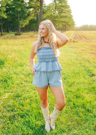 Smocked Strapless Denim Romper from Select Trends Boutique