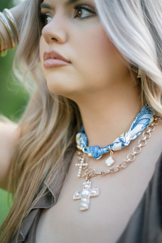 Blue Pearl Charm Scarf Necklace