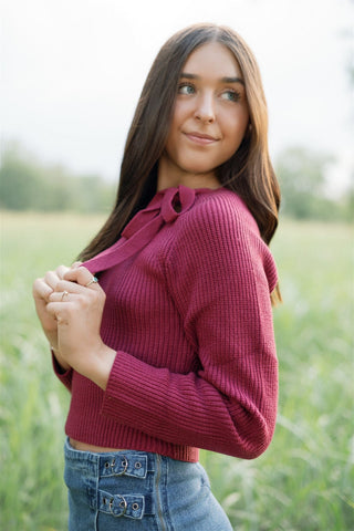 Berry Ribbon Tie Sweater Top