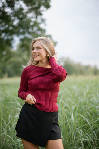 Burgundy Draped Shoulder Sweater Top