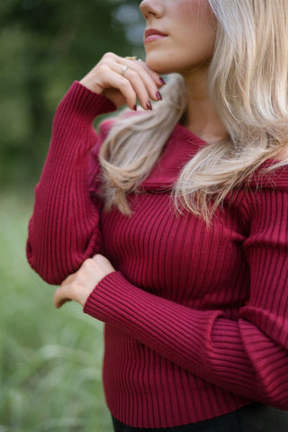 Burgundy Draped Shoulder Sweater Top