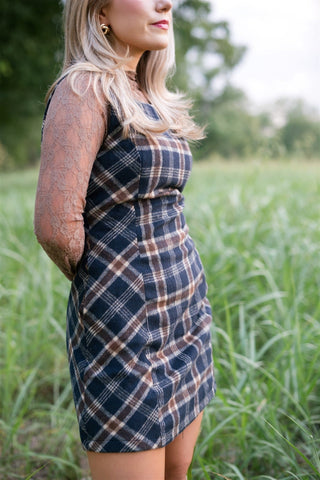 Navy Plaid Wool Mini Dress