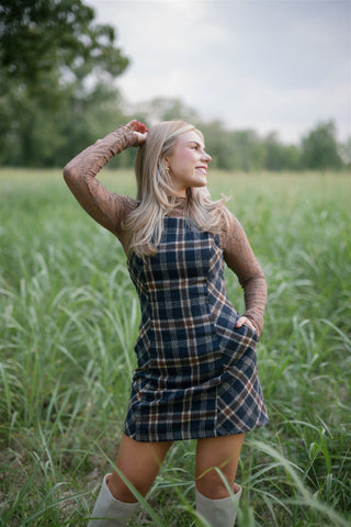 Navy Plaid Wool Mini Dress