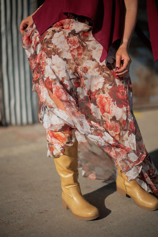 Rust Floral Ruffle Maxi Skirt
