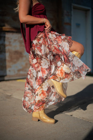 Rust Floral Ruffle Maxi Skirt