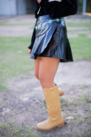 Black Ruffle Hem Leather Mini Skort