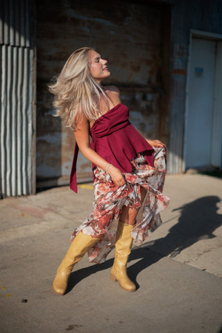 Rust Floral Ruffle Maxi Skirt