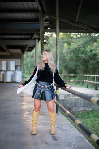 Black Ruffle Hem Leather Mini Skort