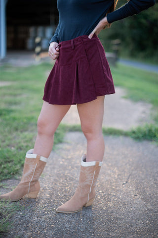 Burgundy Corduroy Pleated Mini Skort