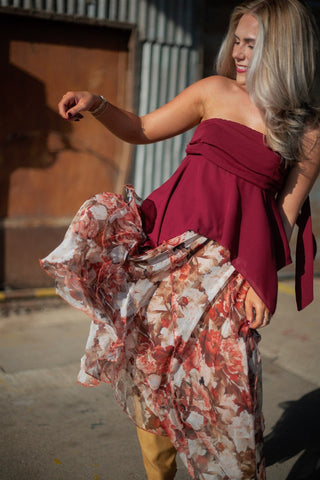 Rust Floral Ruffle Maxi Skirt