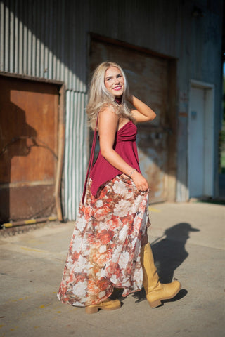 Rust Floral Ruffle Maxi Skirt