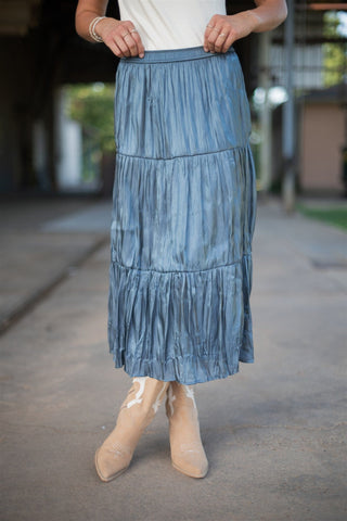 Blue Shimmer Tiered Satin Maxi Skirt