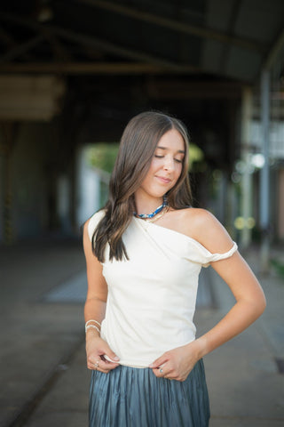 Cream Twist Draped Shoulder Top
