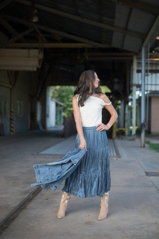 Blue Shimmer Tiered Satin Maxi Skirt