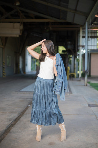 Blue Shimmer Tiered Satin Maxi Skirt