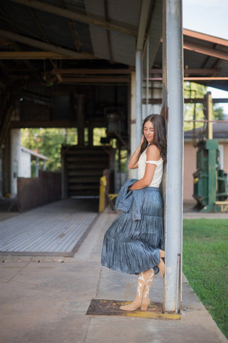 Blue Shimmer Tiered Satin Maxi Skirt