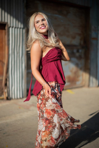 Burgundy Strapless Scarf Blouse