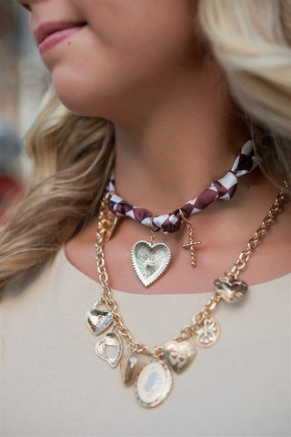 Maroon Checkered Charm Scarf Necklace