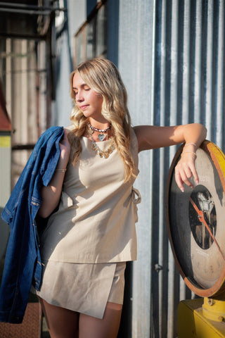 Oatmeal Sleeveless Side Tie Top