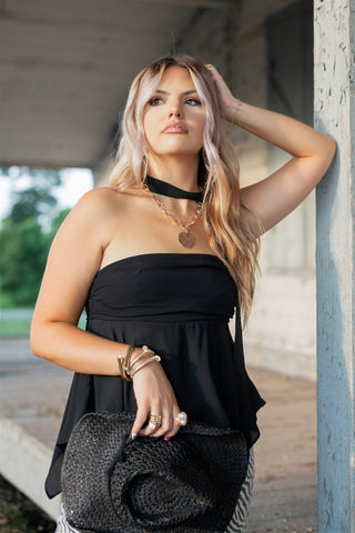 Black Strapless Scarf Blouse