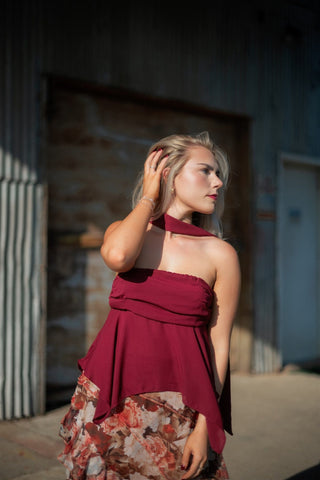 Burgundy Strapless Scarf Blouse