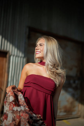 Burgundy Strapless Scarf Blouse