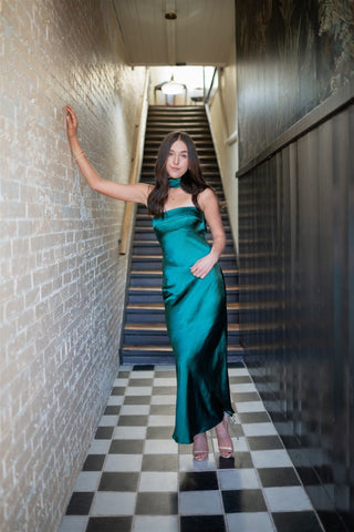 Green Satin Draped Back Maxi Dress