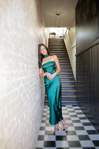 Green Satin Draped Back Maxi Dress