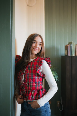 Red Plaid Ruffled Tie Front Vest