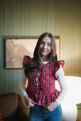 Red Plaid Ruffled Tie Front Vest