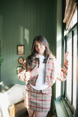 Taupe Plaid Wool Mini Skirt