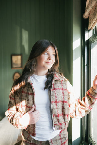 Taupe Plaid Wool Cropped Jacket