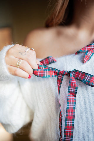 White Christmas Plaid Ribbon Sweater
