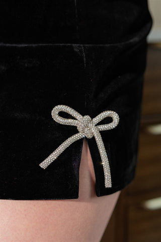 Black Rhinestone Bow Velvet Skirt